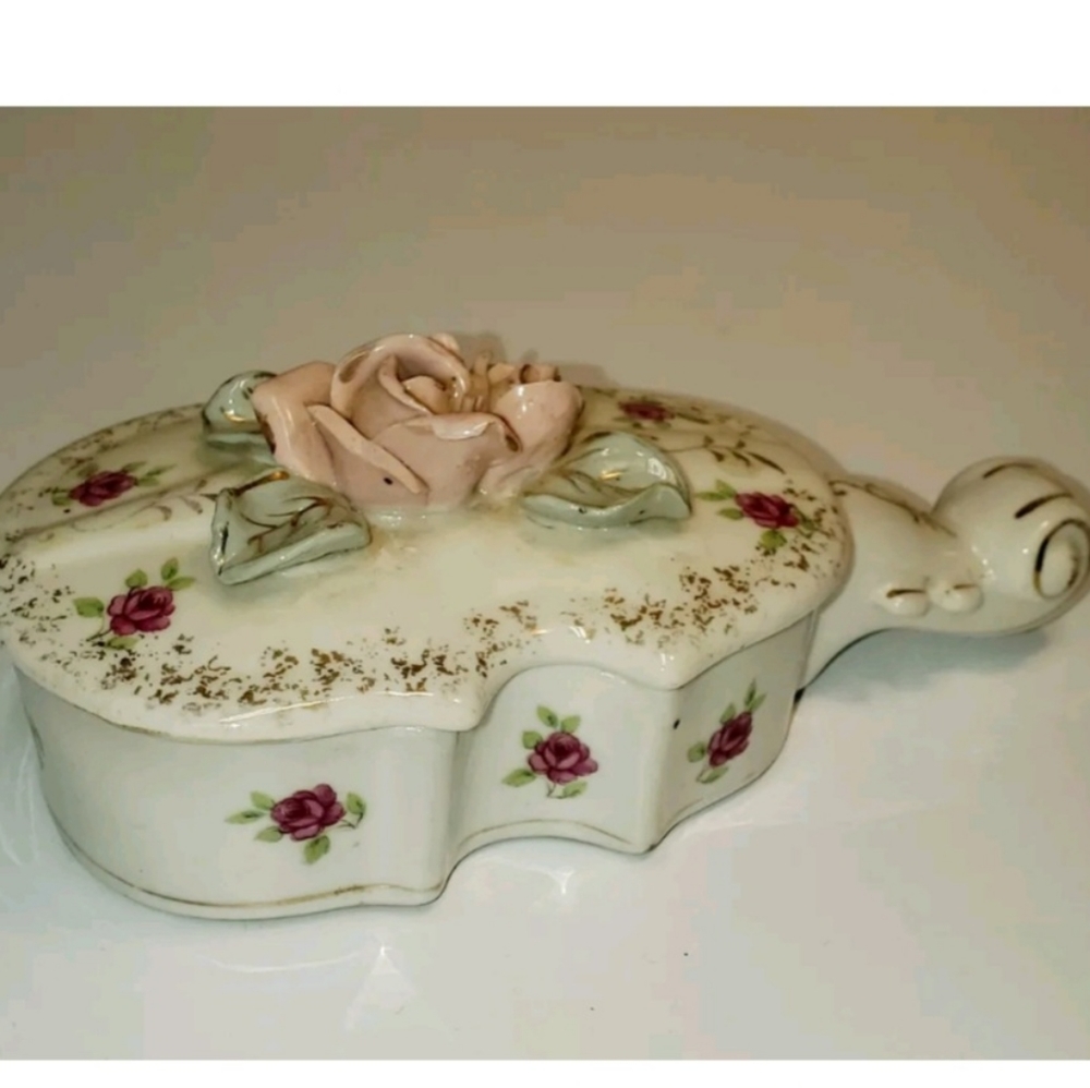 Pre-owned Vintage Ceramic Trinket Box Chello with Rose Cover Japan 7 inches long